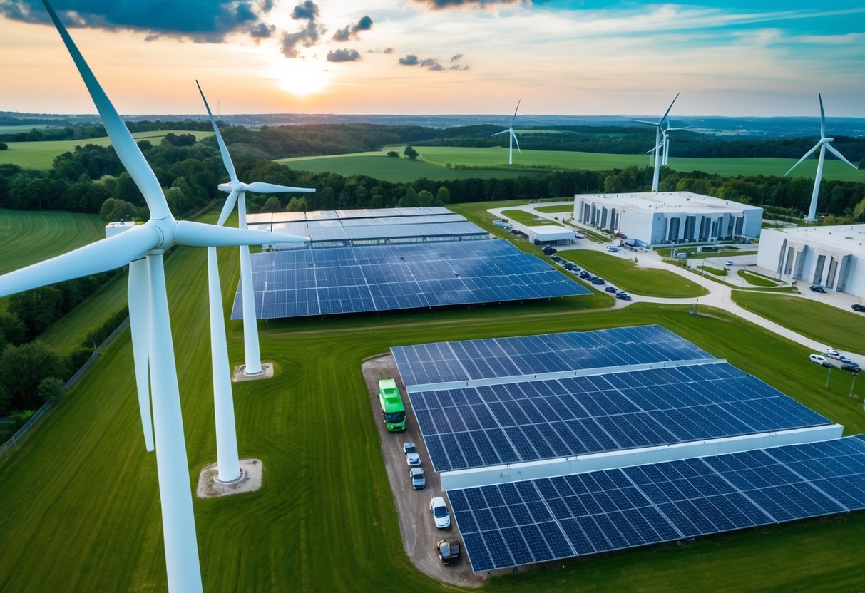 A lush green landscape with wind turbines and solar panels, surrounded by sustainable buildings and electric vehicles