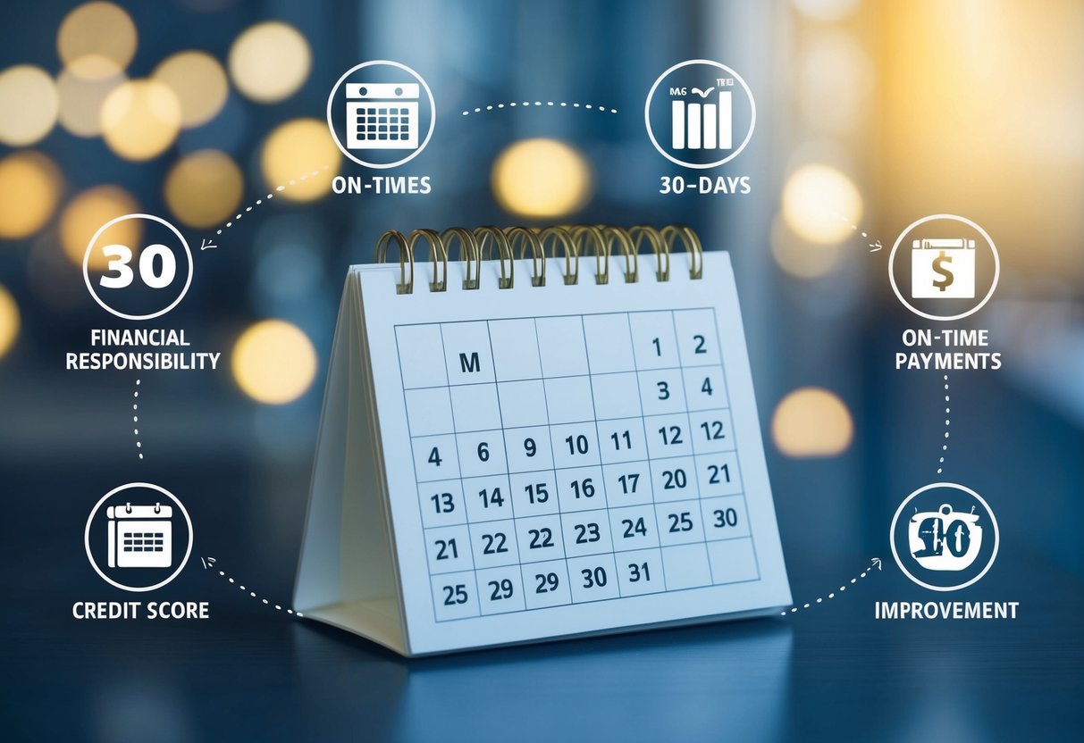 A calendar with 30 days marked off, surrounded by icons representing financial responsibility, on-time payments, and credit score improvement