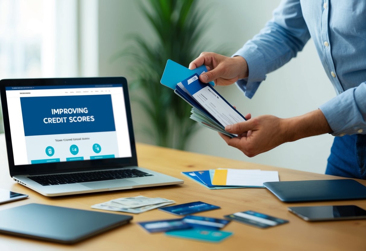 A person organizing credit cards and financial documents on a desk, with a laptop open to a webpage about improving credit scores