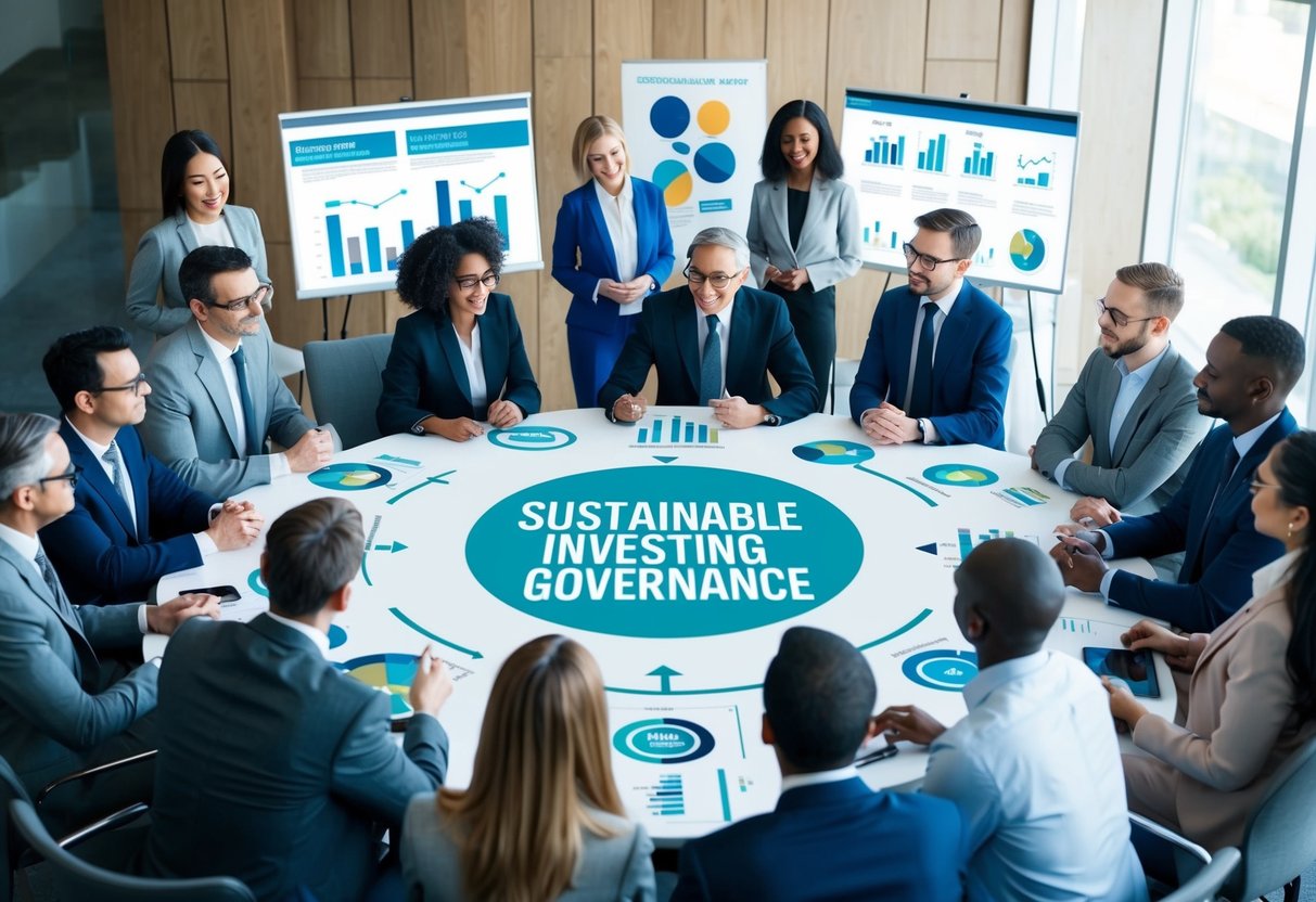 A diverse group of people gathered around a table, discussing sustainable investing and governance. Charts and graphs are displayed, symbolizing the focus on social impact and future-proofing portfolios