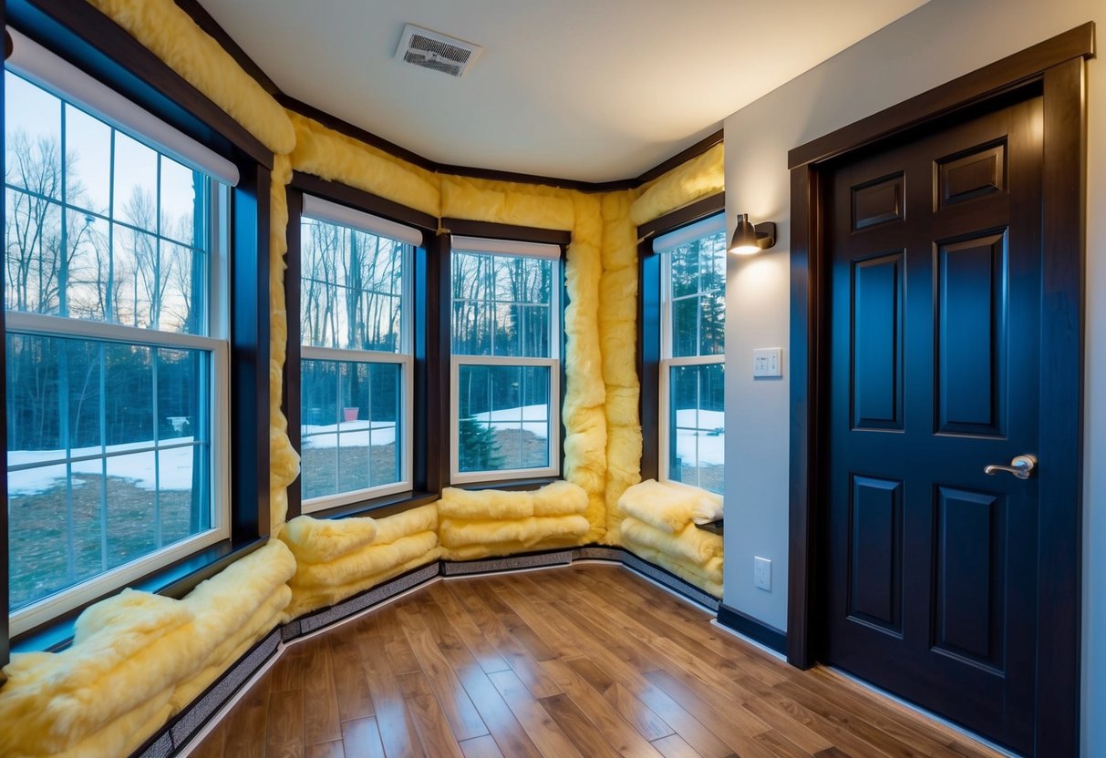 A cozy home surrounded by thick insulation, sealed windows, and weather-stripped doors. The thermostat set to an energy-efficient temperature, with LED light bulbs illuminating the rooms