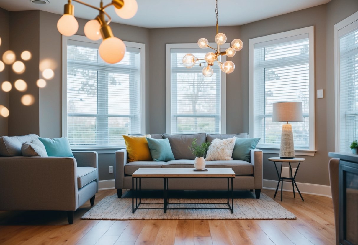 A cozy living room with energy-efficient LED bulbs, natural light streaming in through open blinds, and smart lighting controls