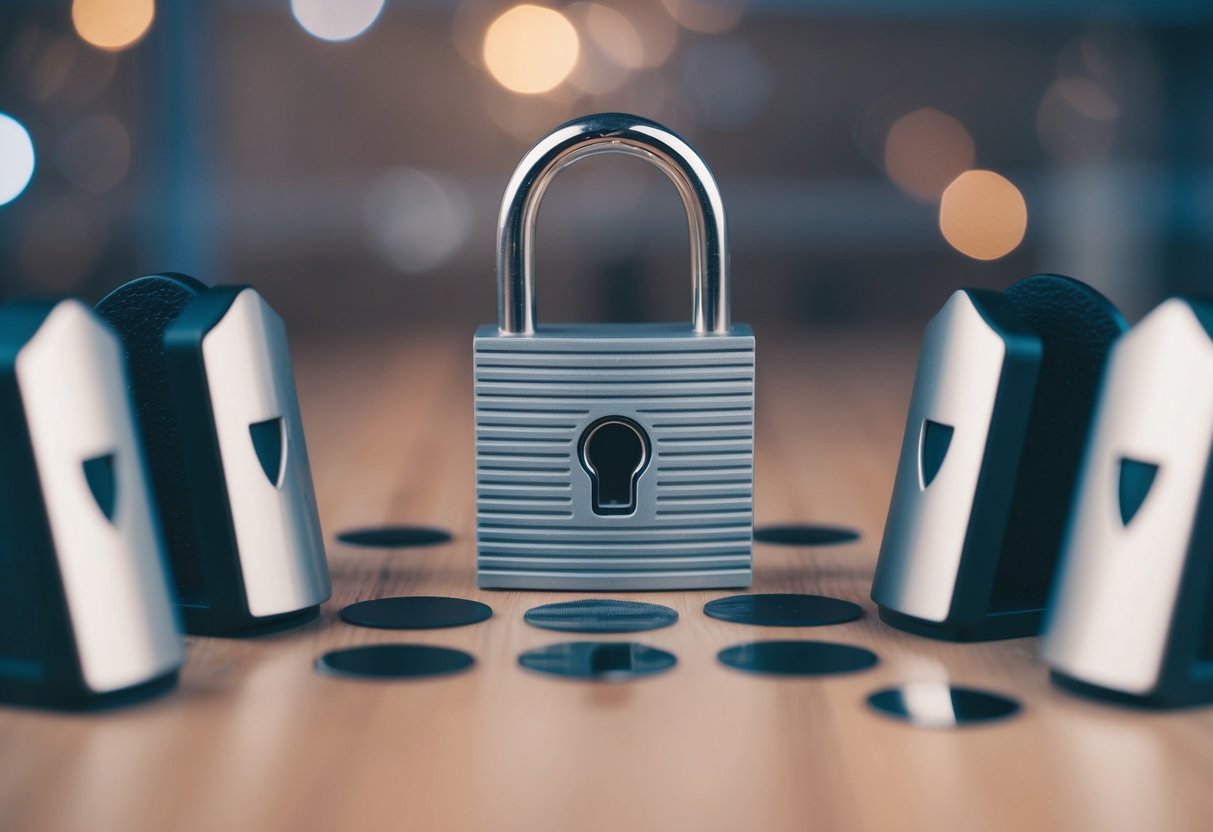 A padlock symbolically locking a network connection surrounded by shields and barriers