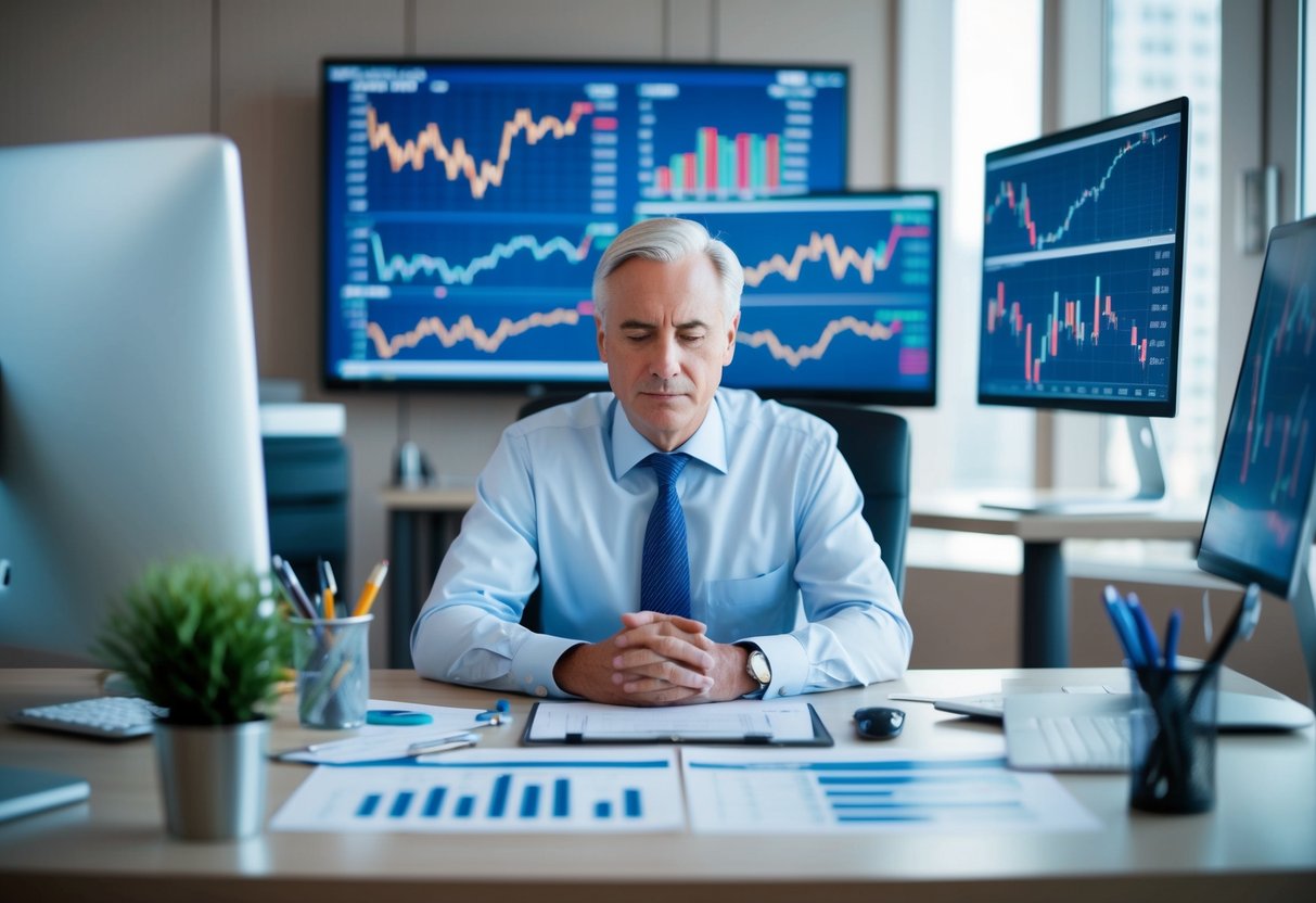 A serene, mature person sits at a desk surrounded by financial charts and graphs, calmly analyzing data amid market volatility