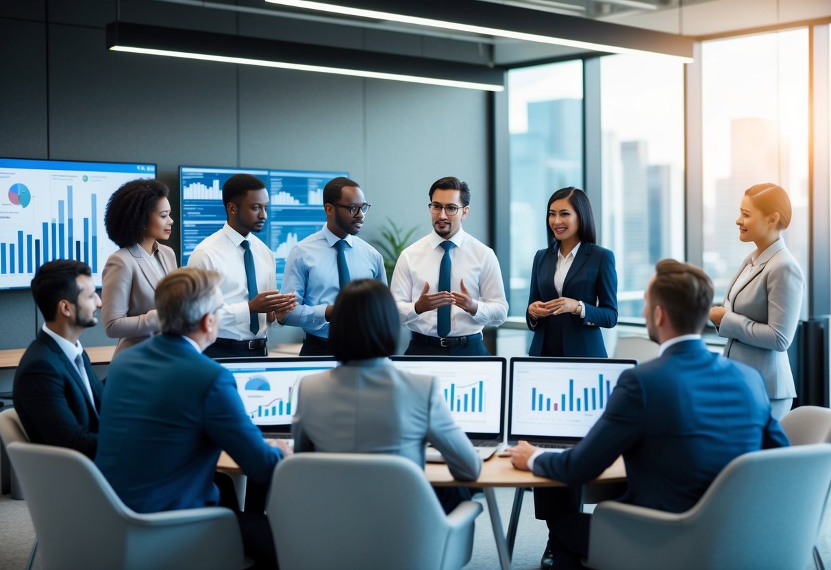 A diverse group of financial professionals discussing investment strategies in a modern office setting with charts and graphs displayed on digital screens