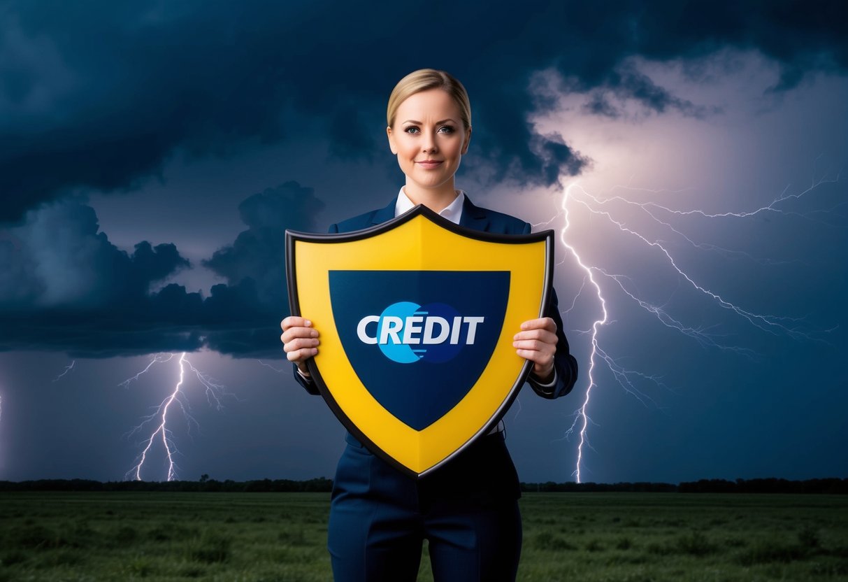 A person holding a shield with a credit card design, standing in front of a stormy financial landscape with lightning and dark clouds