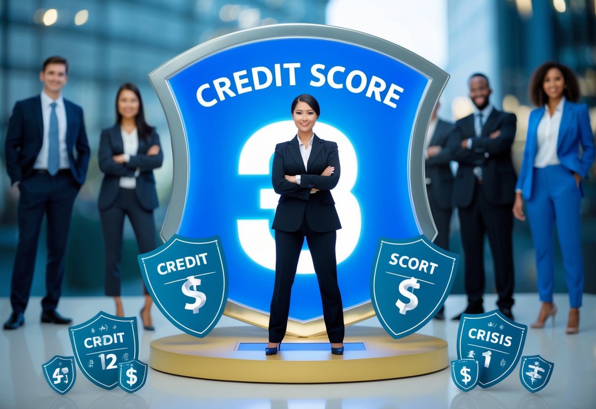 A person standing confidently in front of a large, glowing credit score number, surrounded by protective shields and financial crisis symbols