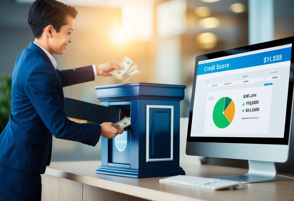 A person deposits money into a bank while another person monitors their credit score on a computer. The bank is depicted as a strong and secure building, and the computer screen shows a positive credit report